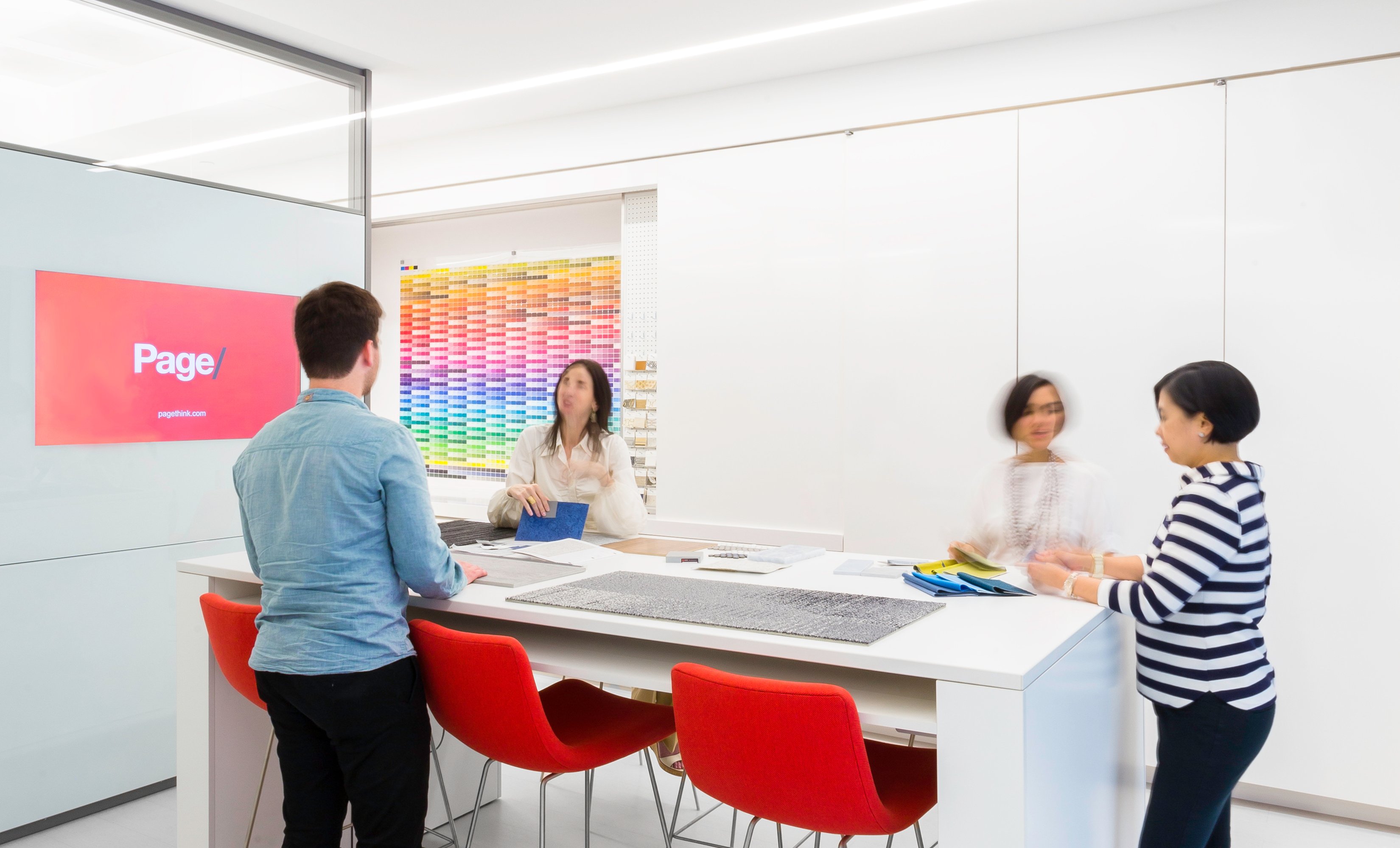 Interior meeting room with employees gathering